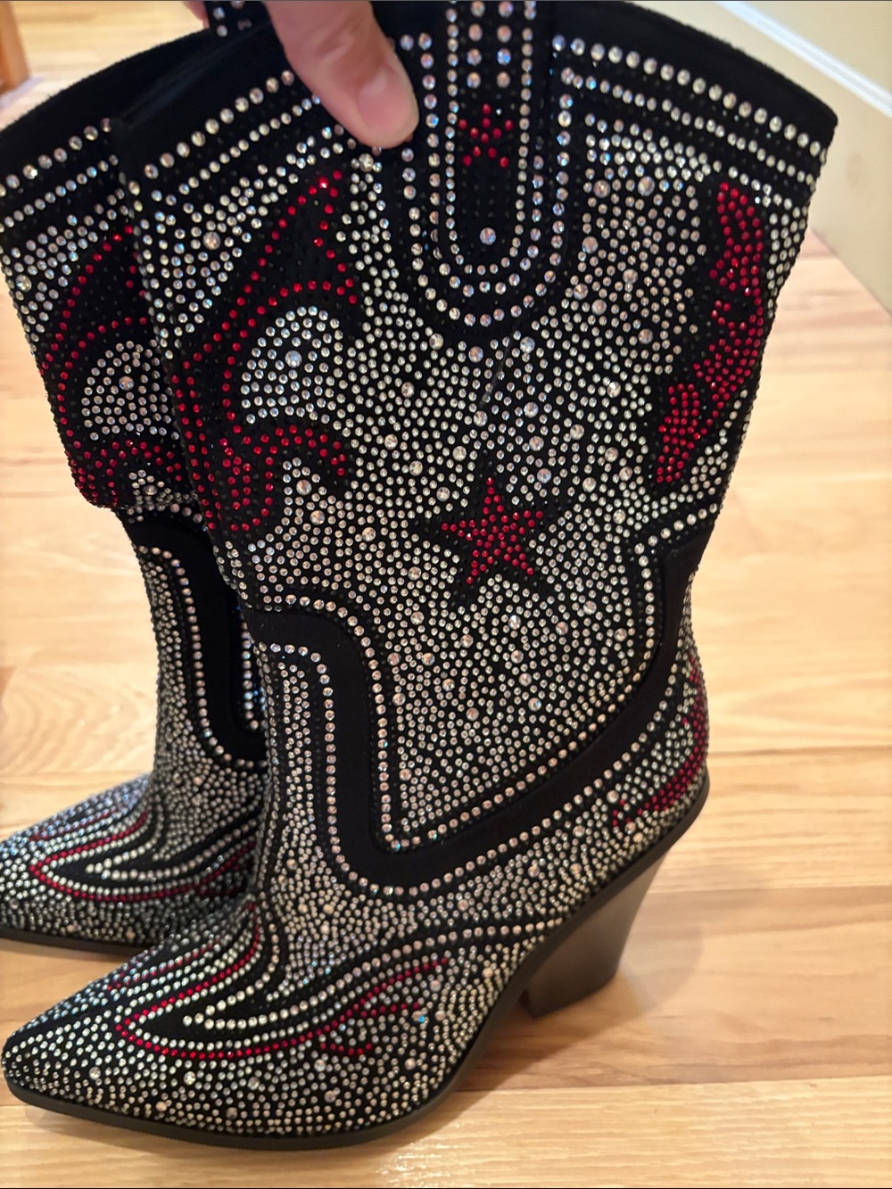 Black Rhinestone Western-Style Ankle Boots with Red Accents - Picture 4 of 8